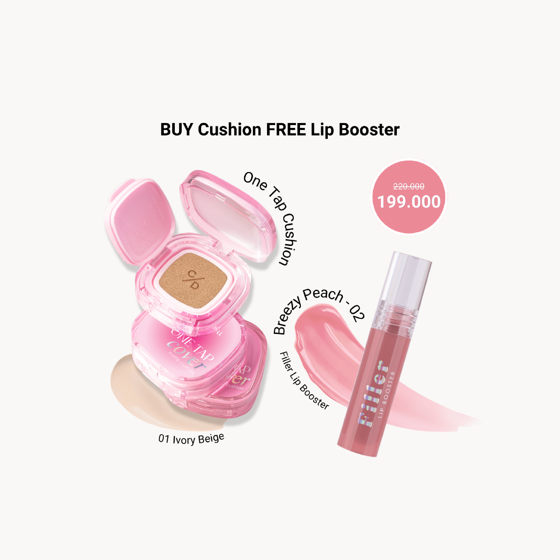 CATHY DOLL Bundle - One Tap Cover Matte Cushion Makeup & Filler Lip Booster Glossy 3.3g Plummpy Effect